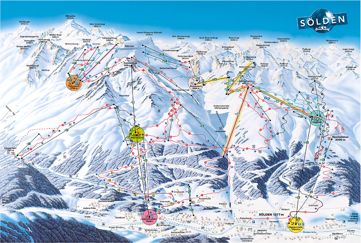карта трасс горнолыжного курорта Зёльден, Хохзельден, ледников Реттенбах и Тифенбах